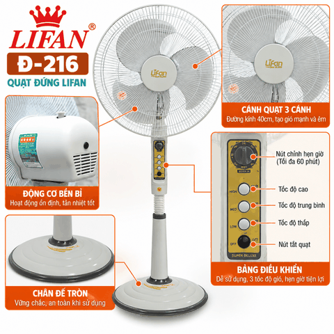 Quạt Đứng LIFAN Đ-216 45W – Cánh 40cm, 3 Tốc Độ, Hẹn Giờ 2 Tiếng