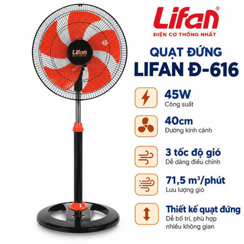 Quạt Đứng LIFAN Đ-616 45W – 3 Cánh 40cm, 3 Tốc Độ Gió