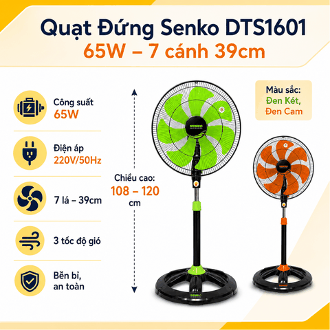 Quạt Đứng Senko DTS1601 65W – 7 Cánh 39cm, Thân Sắt