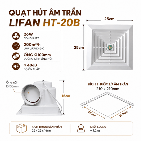Quạt Hút Âm Trần LIFAN HT-20B 26W – Gió 200m³/h, Ống Ø100mm