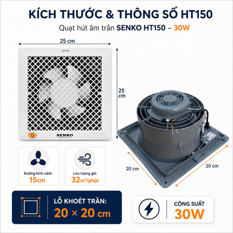 Quạt Thông Gió Âm Trần Senko HT150 30W – Hút Thẳng, Sải Cánh 15cm