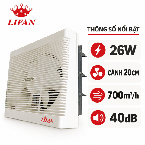 Quạt Hút Âm Tường 2 Chiều LIFAN HD-20 26W – Cánh 20cm, 700m³/h