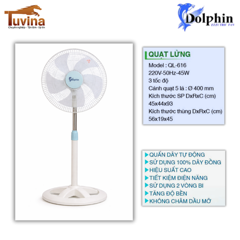 Quạt lửng Dolphin QL-616 45W 5 cánh Ø400 – Dây đồng, BH 3 năm