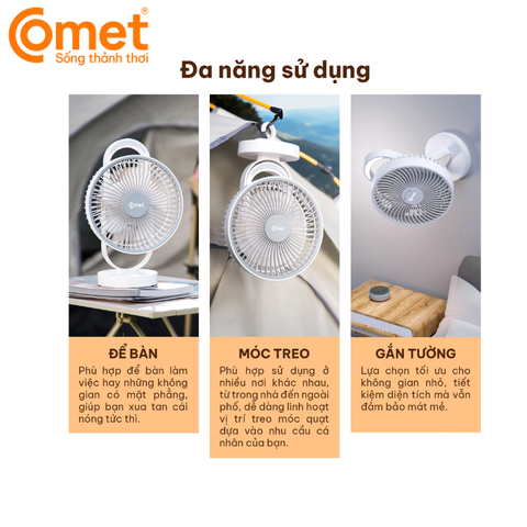 Quạt sạc Comet CRF1606 (6W) – Pin lithium đôi 2400mAh, sạc Type-C, gập gọn xoay 360°