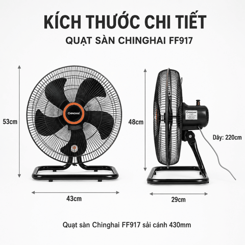 Quạt sàn công nghiệp Ching Hai FF917 43cm 75W – Gió mạnh cho quán ăn/cafe | TUVINA