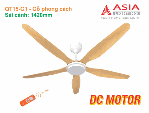 Quạt Trần Asia Lighting QT15-G01 – Gỗ phong cách – 5 Cánh ABS, Động Cơ DC