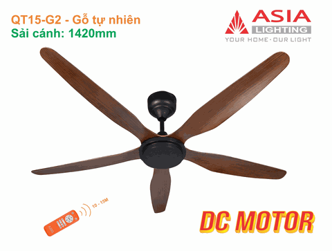 Quạt Trần Asia Lighting QT15-G02 – Gỗ Tự Nhiên – 5 Cánh ABS, Động Cơ DC