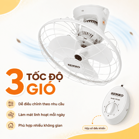 Quạt Trần Đảo Senko TD105 47W Màu Trắng – Sải Cánh 39cm Chính Hãng
