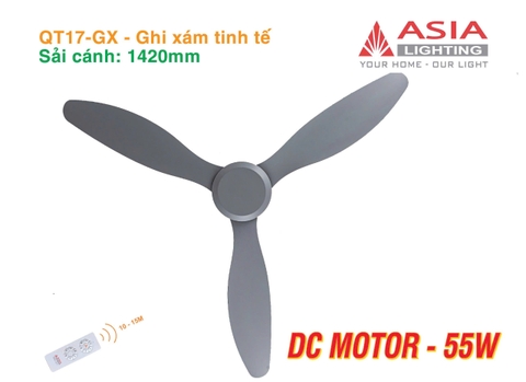 Quạt Trần QT17-GX – Ghi xám tinh tế – 3 Cánh ABS, Động Cơ DC