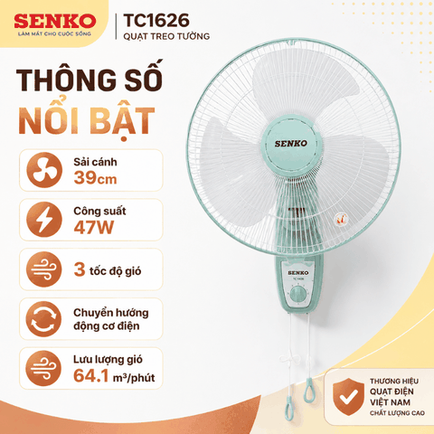 Quạt Treo Senko TC1626 39cm 47W – 3 Tốc Độ, Chuyển Hướng Điện