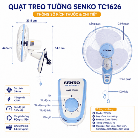 Quạt Treo Senko TC1626 39cm 47W – 3 Tốc Độ, Chuyển Hướng Điện