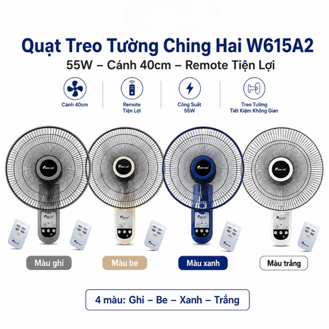 Quạt treo tường Ching Hai W615A2 (có điều khiển) – Cánh 40cm, 55W, treo gọn mát mạnh