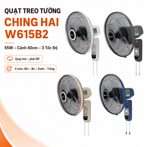 Quạt Treo Tường Ching Hai W615B2 40cm – 55W, 3 Tốc Độ, Quay 90° – 4 Màu (Ghi/Be/Xanh/Trắng)