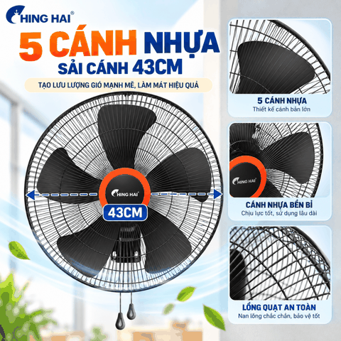 Quạt Treo Tường CHING HAI W17 75W – 5 Cánh 43cm, 3 Tốc Độ Gió
