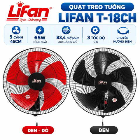 Quạt Treo Tường LIFAN T-18CH 65W – 5 Cánh 45cm, Chuyển Hướng Điện
