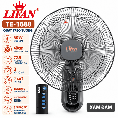 Quạt Treo Tường LIFAN TE-1688 50W – Remote, Hẹn Giờ 7H, Cánh 40cm