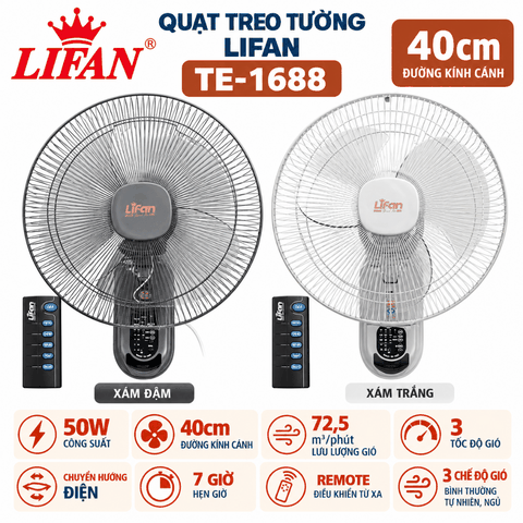 Quạt Treo Tường LIFAN TE-1688 50W – Remote, Hẹn Giờ 7H, Cánh 40cm