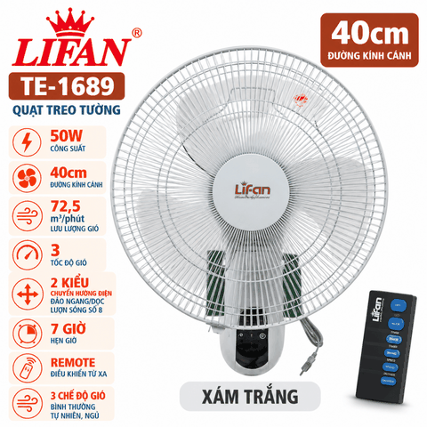 Quạt Treo Tường LIFAN TE-1689 50W – Remote, Đảo Gió Số 8, Hẹn Giờ 7H
