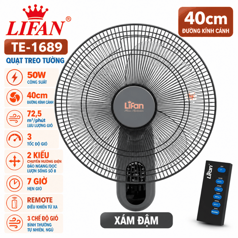 Quạt Treo Tường LIFAN TE-1689 50W – Remote, Đảo Gió Số 8, Hẹn Giờ 7H
