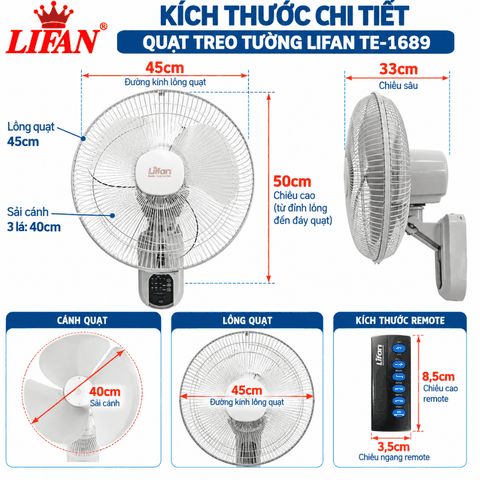 Quạt Treo Tường LIFAN TE-1689 50W – Remote, Đảo Gió Số 8, Hẹn Giờ 7H