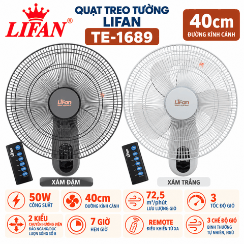 Quạt Treo Tường LIFAN TE-1689 50W – Remote, Đảo Gió Số 8, Hẹn Giờ 7H