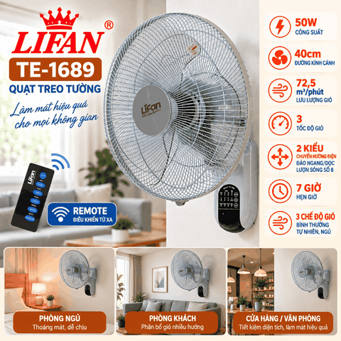 Quạt Treo Tường LIFAN TE-1689 50W – Remote, Đảo Gió Số 8, Hẹn Giờ 7H