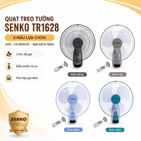Quạt Treo Tường Senko TR1628 47W Có Remote, Hẹn Giờ 8 Tiếng