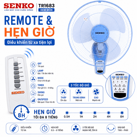 Quạt Treo Tường Senko TR1683 47W – Remote, Hẹn Giờ 8 Tiếng