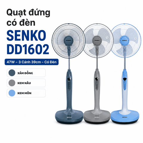 Quạt Đứng Có Đèn Senko DD1602 47W – 3 Cánh 39cm, Điều Chỉnh Chiều Cao