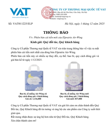 THÔNG BÁO THAY ĐỔI BAO BÌ, SỐ MIẾNG VÀ GIÁ BÁN MỚI