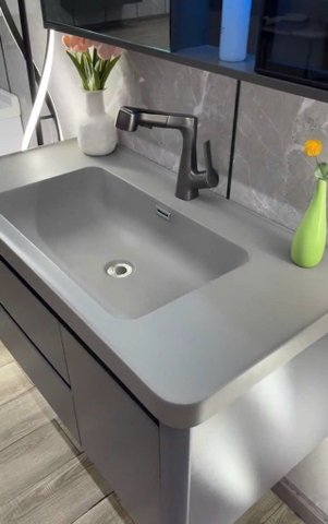 Tủ chậu cao cấp màu xám cánh lệch đá thạch anh xám CHINOX CN464