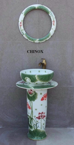 Chậu lavabo gốm tiểu cảnh đặt sàn hoa sen xanh CHINOX CN1074