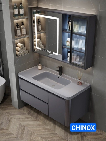 Tủ chậu cao cấp màu xám cánh lệch đá thạch anh xám CHINOX CN464