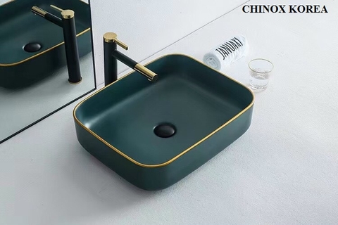 Chậu lavabo xanh lục viền vàng CHINOX CN1021- SERI 4 - hình chữ nhật bo