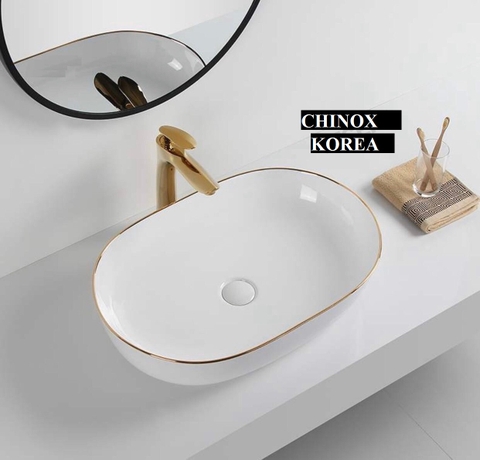 Chậu lavabo trắng viền vàng CHINOX CN101- SERI 1 - ovan