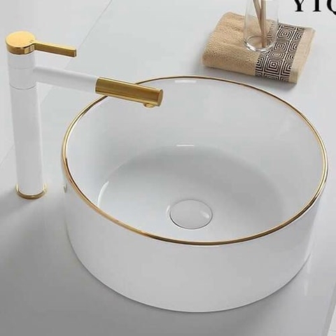 Chậu lavabo trắng viền vàng CHINOX CN102- SERI 1 - tròn trụ