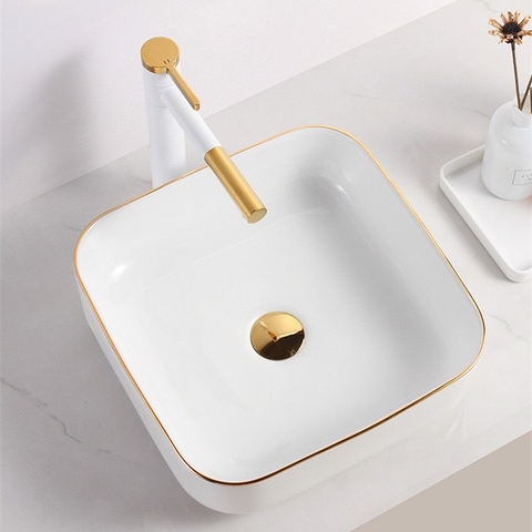 Chậu lavabo trắng viền vàng CHINOX CN103- SERI 1 - vuông