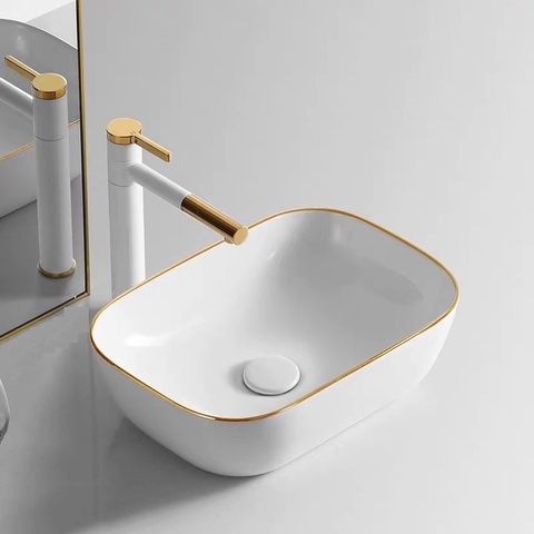 Chậu lavabo trắng viền vàng CHINOX CN104 - SERI 1 - hình chữ nhật ovan