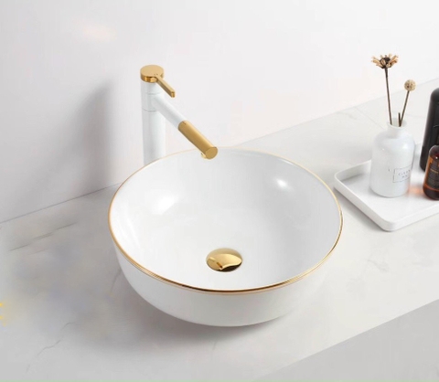 Chậu lavabo trắng viền vàng CHINOX CN105- SERI 1 - tròn