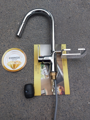 Vòi rửa bát dây rút tăng áp tự động kèm kệ để đồ màu bóng CHINOX VR73