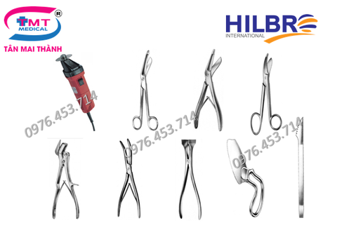 Bộ dụng cụ phẫu thuật cắt bột gồm 9 chi tiết:  Máy cưa thạch cao Kéo cắt bẳng Esmarch Kéo cắt băng bột thạch cao Seutin Kéo cắt băng Bruns có răng