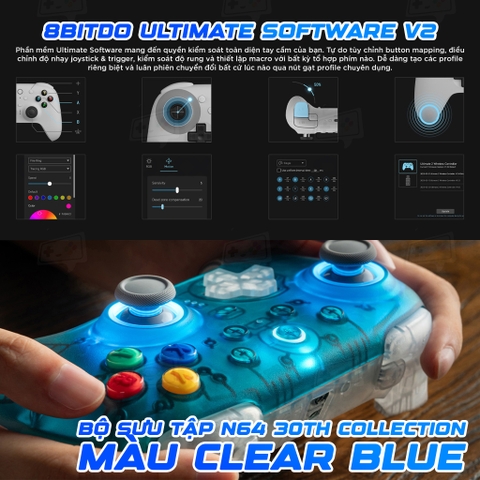Mặt trước tay cầm 8BitDo Ultimate 2 Wireless N64 30th Collection Clear Blue.
