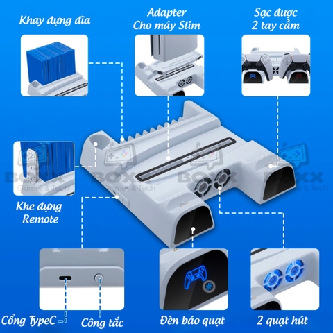 Đế tản nhiệt cho máy PS5 kèm dock sạc tay cầm, đế đứng làm mát cho máy PS5