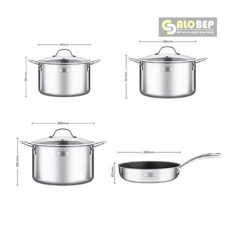 Bộ Nồi Chảo Inox Cao Cấp 3 Lớp Đáy Liền Trimax EL-3742 Size 18cm, 20cm, 26cm Và Chảo 26cm