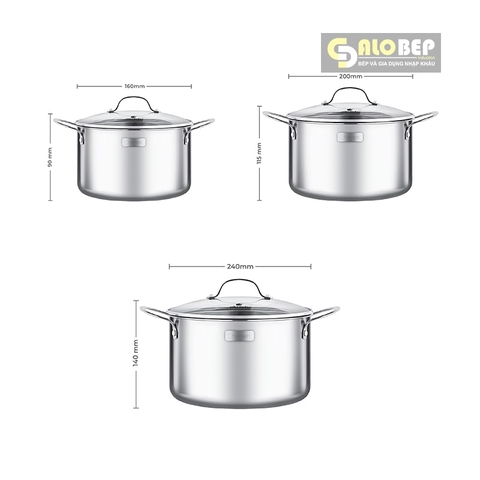 Bộ Nồi Inox Cao Cấp 3 Lớp Đáy Liền Trimax EL-3741 Size 16, 20, 24cm
