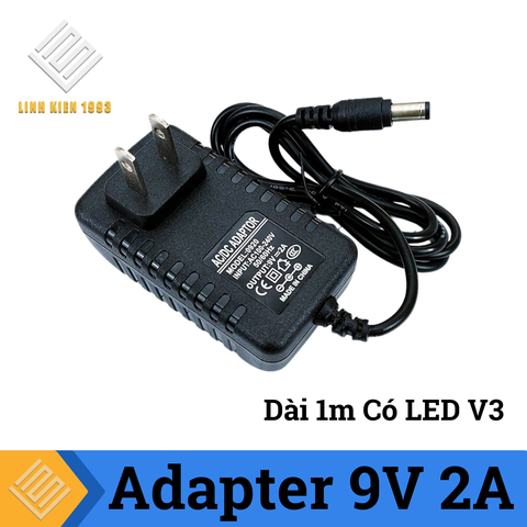 Nguồn Adapter 9V 2A Đầu DC 5.5x2.1mm Dài 1m Có LED V3