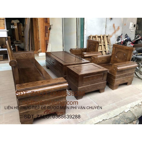 Bàn ghế Phòng Khách bộ pháo sồi thêm 2 đôn ngồi phun màu óc chó mẫu 117