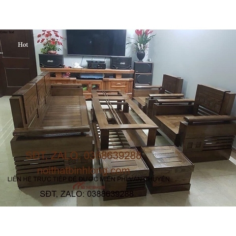 Bàn ghế Phòng Khách bộ đối mặt nan gỗ sồi phun màu óc chó