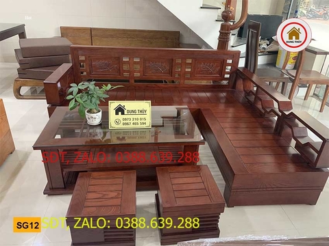 Ảnh thực tế bộ ghế sofa tay chéo góc lá me gỗ sồi Nga SG12