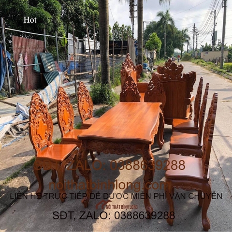 Bộ Bàn Ăn Louis Hoàng Gia Ván Tràn 8 Ghế Liền Vách Gỗ Gõ Đỏ